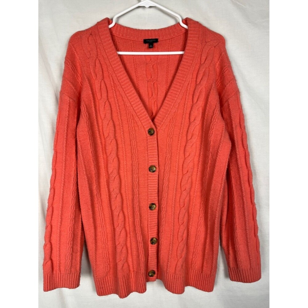 Talbots Coral Wool Blend V Neck Fisherman Style Button Up Cardigan